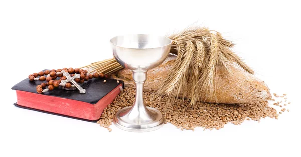Symbol of Christianity, bread and wine in cup — Stock Photo, Image