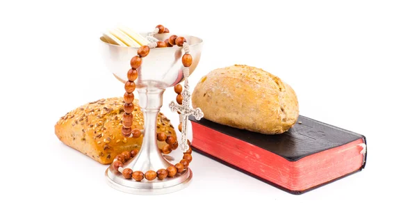 Symbool van het christendom, brood en wijn in cup — Stockfoto