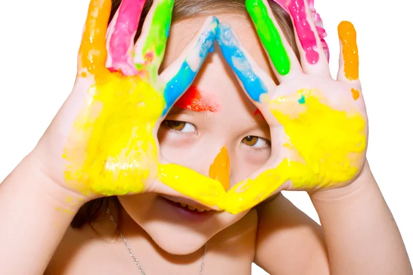 Girl with finger paints on hand — Stock Photo, Image