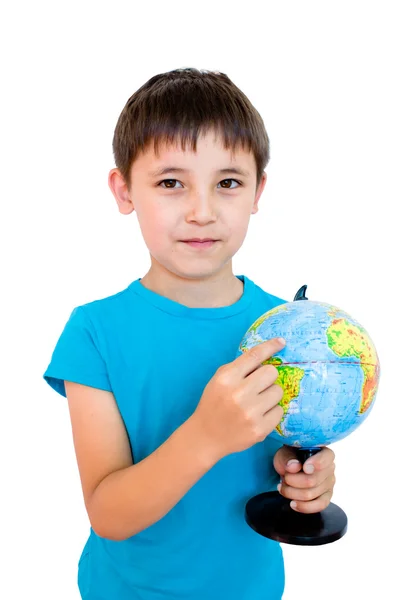 Een jongen en een globe — Stockfoto