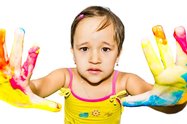 Pequena menina e pinturas de dedo — Fotografia de Stock