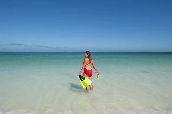 Pretty woman snorkel swim holiday beach — Stock Photo, Image