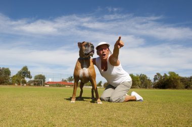 Woman with boxer bull dog clipart