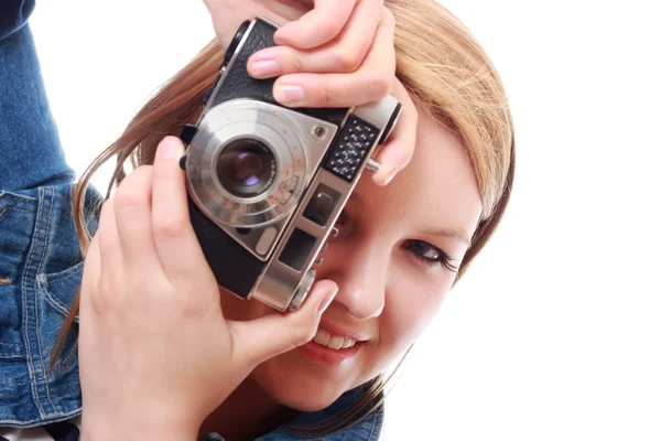 stock image Pretty young woman with vintage camera