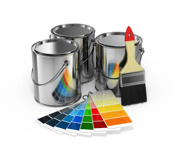 Plechovky od barev s kartáčem a pantone barev průvodce — Stock fotografie