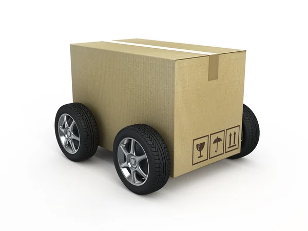 Cardboard box with wheels — Stock Photo, Image