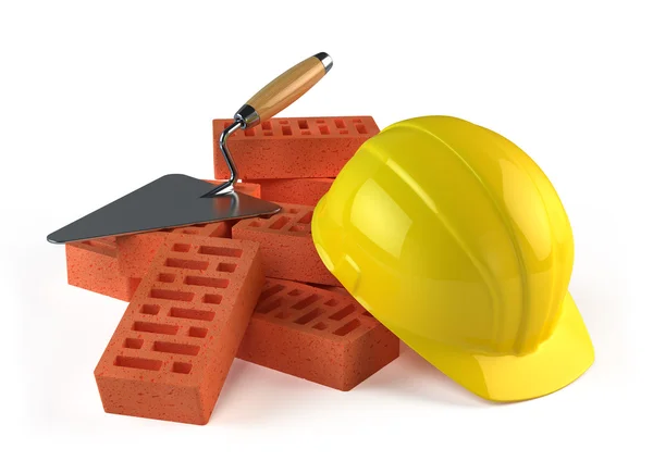 Cazzuola, mattoni e casco da costruzione — Foto Stock
