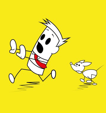 Square guy being chased by a dog. clipart