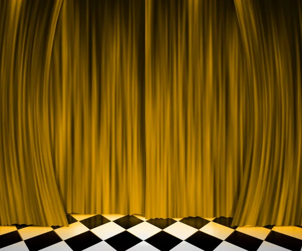 Cenário do palco de holofotes de cortina de ouro — Fotografia de Stock