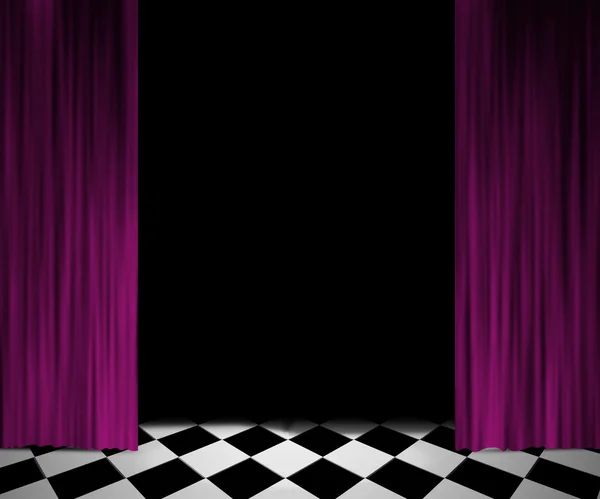 Aberto cortina holofotes palco fundo — Fotografia de Stock