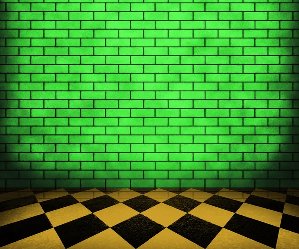 Groene schaakbord baksteen interieur achtergrond — Stockfoto