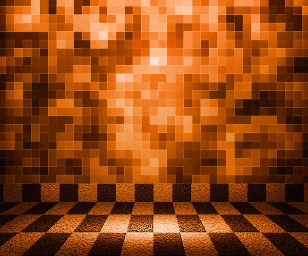 オレンジ色のチェス盤のモザイク部屋の背景 — ストック写真