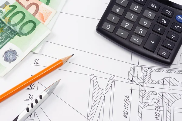 Pen and pencil, calculator on drafting, finance — Stock Photo, Image