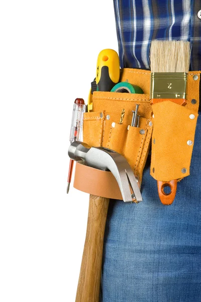 Hombre y herramientas en cinturón de cuero aislado — Foto de Stock