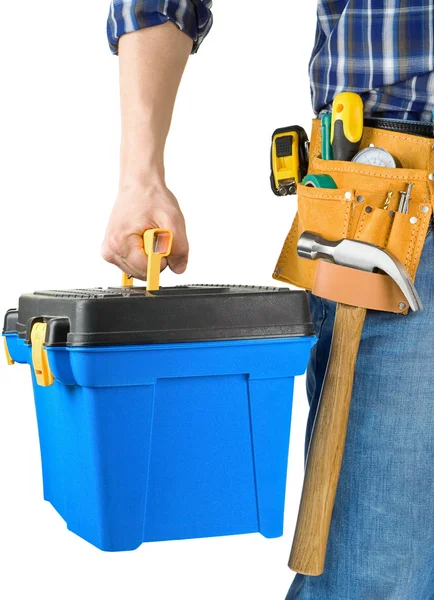Homem e caixa de ferramentas com conjunto de ferramentas isoladas em branco — Fotografia de Stock