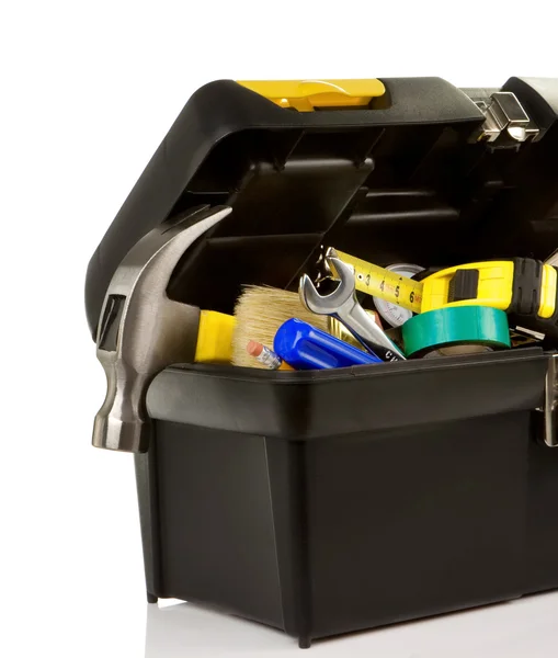 Zestaw narzędzi w czarne pudełko z tworzyw sztucznych — Zdjęcie stockowe
