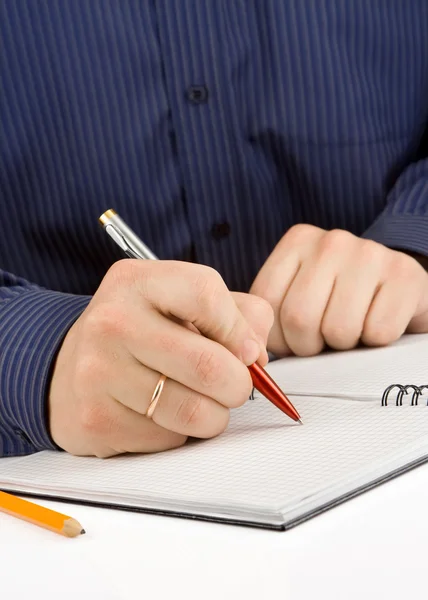 Hand schrijven met pen op gecontroleerde notebook Rechtenvrije Stockfoto's