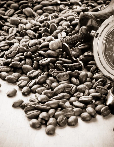 Grãos de café e moedor — Fotografia de Stock