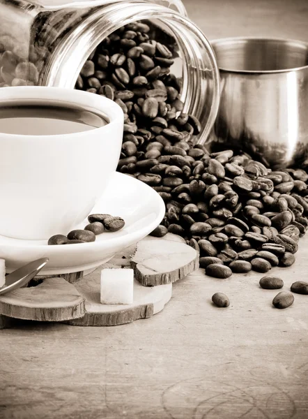 Xícara de café, jarra e panela — Fotografia de Stock