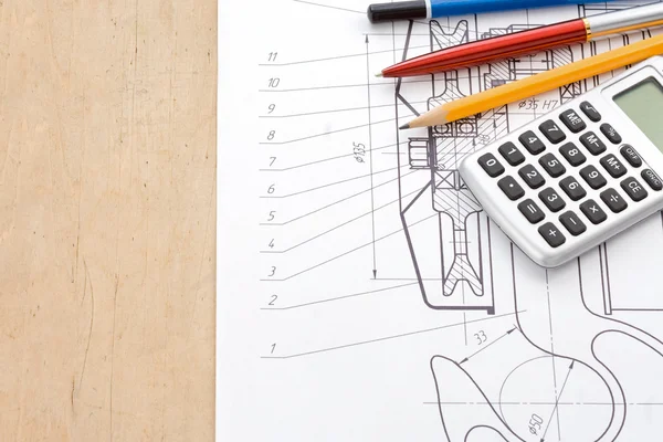 Engineering drawings of crane with pencil — Stock Photo, Image