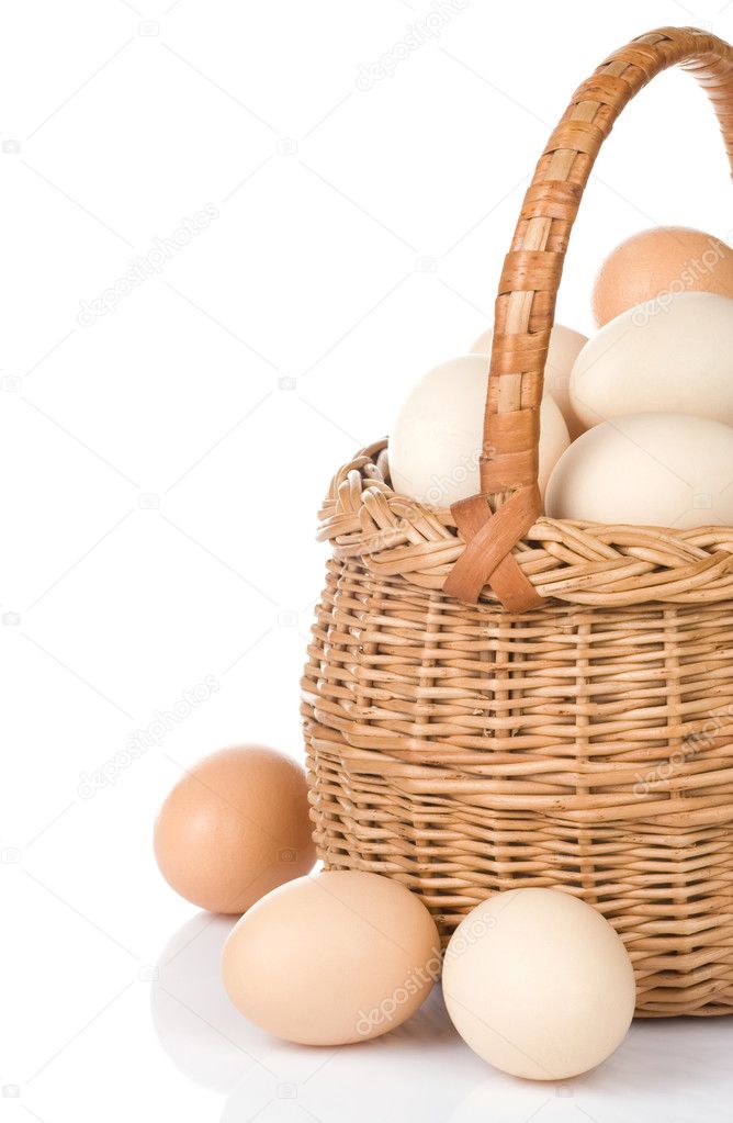 Eggs and basket isolated on white
