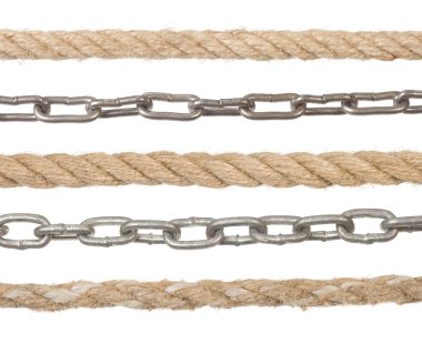 Rope and metal chain isolated on white clipart