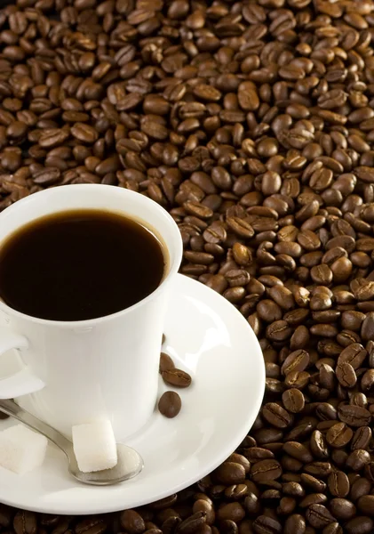 Tasse Kaffee bei Bohnen — Stockfoto