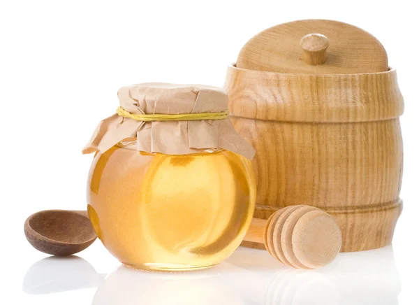 Honey jar and pot isolated on white — Stock Photo, Image
