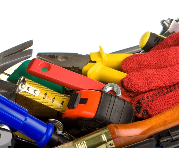 Set of tools in toolbox on white — Stock Photo, Image