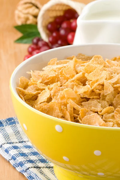 Bowl of corn flakes with berry and milk — Stock Photo, Image