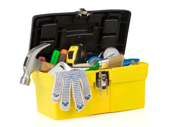Conjunto de ferramentas na caixa de ferramentas isoladas a branco — Fotografia de Stock