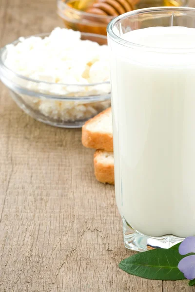 Milk products and cheese on wood — Stock Photo, Image