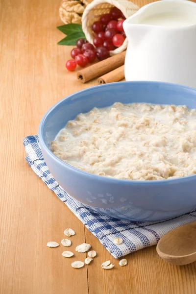 Bowl of oatmeal with berry and milk — Stock Photo, Image