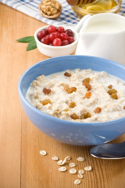 Bowl of oatmeal with berry and milk — Stock Photo, Image