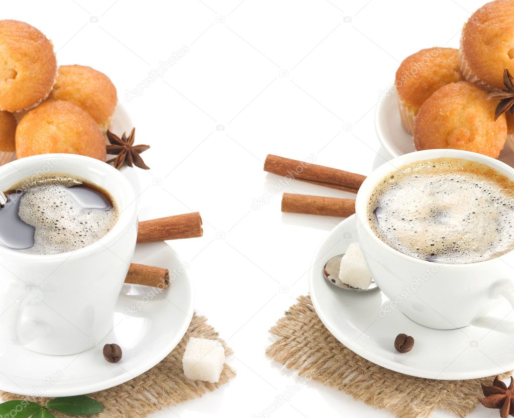 Cup of coffee with sweets and beans isolated on white