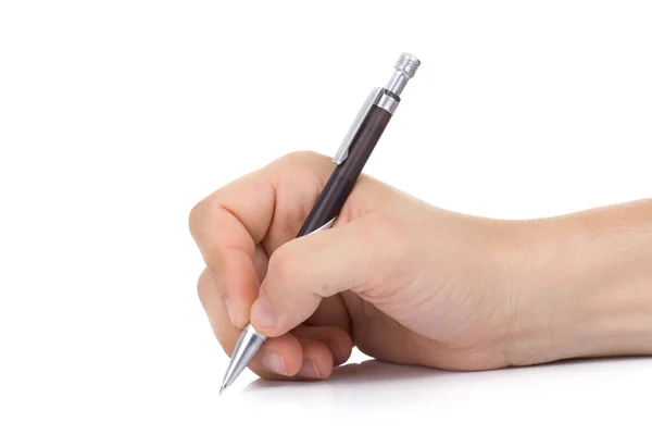 Main avec stylo sur blanc Photo De Stock