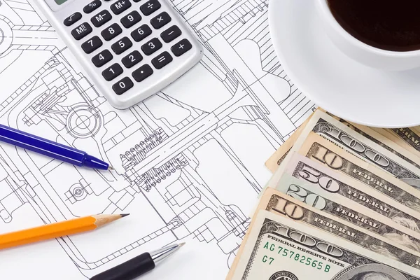 Cup of coffee, dollars and pens on drafting — Stock Photo, Image