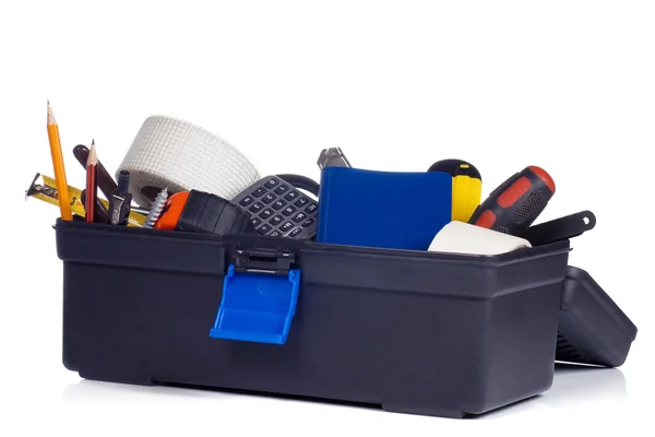 Conjunto de ferramentas em caixa de plástico preto — Fotografia de Stock