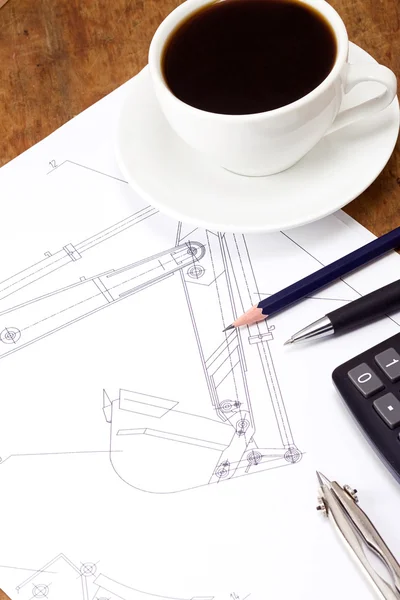 Tasse Kaffee und Entwurf — Stockfoto
