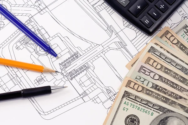 Dollars and pens on drafting of coupling — Stock Photo, Image