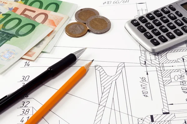 Calculadora, canetas e euros — Fotografia de Stock