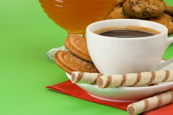 Kawa, miód i ciasteczka — Zdjęcie stockowe