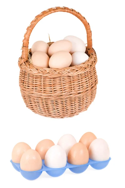 框和篮子里的鸡蛋 — 图库照片