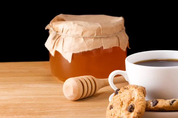 Káva, med a soubory cookie — Stock fotografie