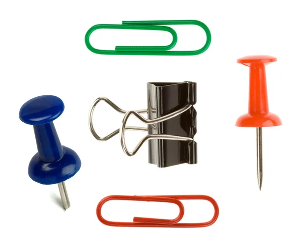 Close up pushpin and paper clip on white — Stock Photo, Image
