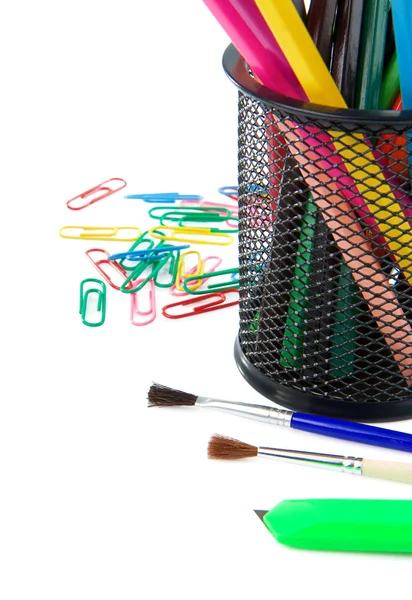 Paintbrush, paper clips and pencil in holder on white — Stock Photo, Image