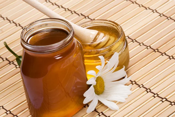 Krukor med honung och blomma — Stockfoto
