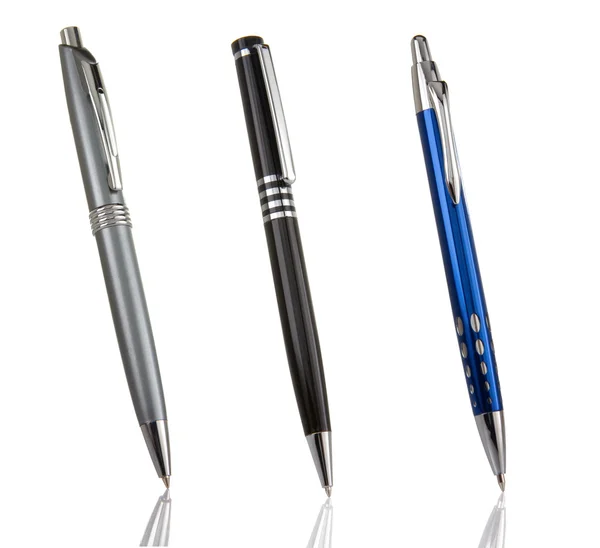 Svart, blå och silver glänsande pennor isolerad på vit — Stockfoto