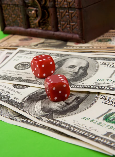 Red dices and chest money — Stock Photo, Image