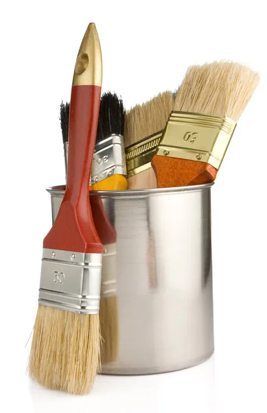 Paint buckets and paintbrush isolated on white — Stock Photo, Image